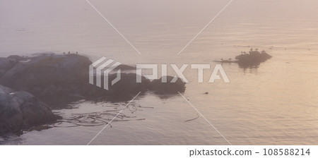 Rocky Shore on the Pacific Ocean Coast. Foggy Sunset. Victoria, Vancouver Island, BC, Canada. Nature Background Rocky Shore on the Pacific Ocean Coast. Foggy Sunset. Victoria, Vancouver Island, BC, Canada. Nature Background 108588214