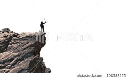 Adventure Man Hiker standing on top of Mountain Peak. Cutout on White Background. 3d Rendering Adventure Man Hiker standing on top of Mountain Peak. Cutout on White Background. 3d Rendering 108588255