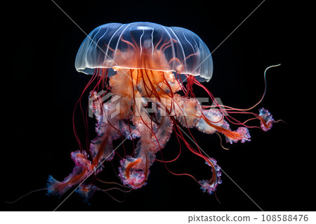 Glowing jellyfish swim deep in blue sea Glowing jellyfish swim deep in blue sea 108588476