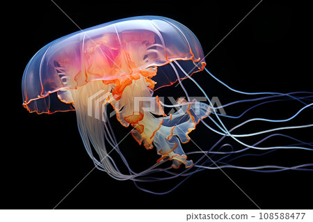 giant jellyfish swimming in dark water giant jellyfish swimming in dark water 108588477