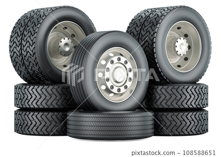 Rear and front wheels for truck or bus, 3D rendering 108588651