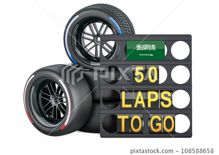 Saudi Arabian racing, pit board with flag of Saudi Arabia and racing wheels with different compounds type tyres. 3D rendering 108588658