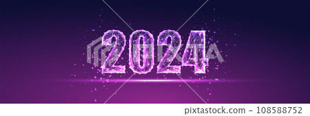 Abstract 2024 New Year digital web banner template. Futuristic greeting card on purple background 108588752