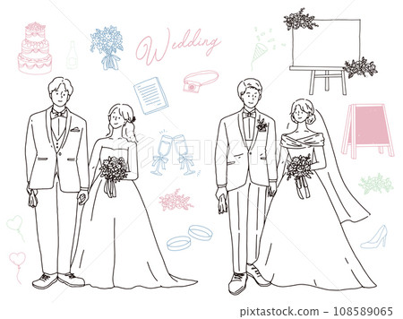Black and white, monotone, line art illustrations (wedding, couples, couples, invitations, welcome boards, rings, new life) 108589065