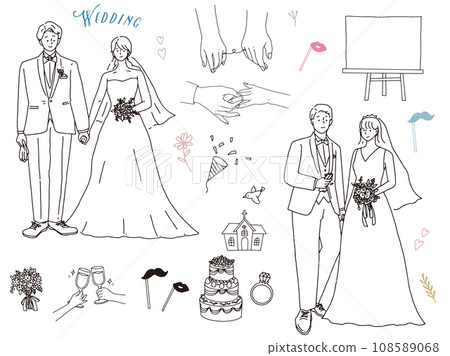 Black and white, monotone, line art illustrations (wedding, couples, couples, invitations, welcome boards, rings, new life) Black and white, monotone, line art illustrations (wedding, couples, couples, invitations, welcome boards, rings, new life) 108589068