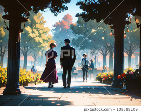 Couple walking in autumn leaves park 108589109