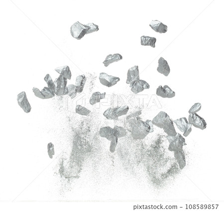 Silver ore nugget fly fall from Mining float in air. Many pieces silver nugget ore explosion with stone gravel in silver Mining industry. White background Isolated throwing freeze stop motion 108589857