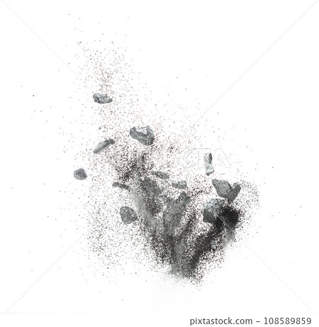 Silver ore nugget fly fall from Mining float in air. Many pieces silver nugget ore explosion with sand glitter gravel in silver Mining industry. White background Isolated throwing freeze stop motion Silver ore nugget fly fall from Mining float in air. Many pieces silver nugget ore explosion with sand glitter gravel in silver Mining industry. White background Isolated throwing freeze stop motion 108589859