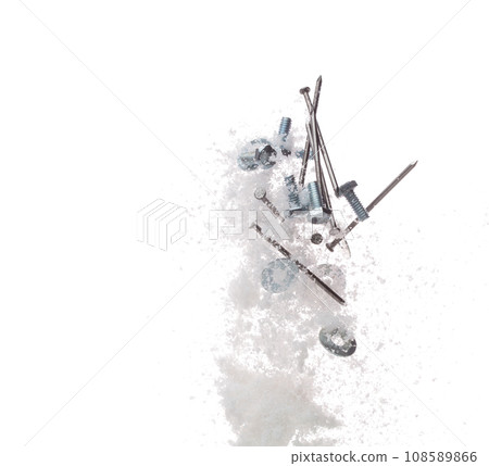 Nail spike Nut bolts sharp object under snow on road. Dangerous sharpen nail glass object hidden in snow. Snow fall with risk accident hazard cover trash garbage debris. White background isolated 108589866