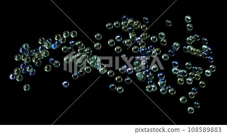 Glass marble Balls fly in air. Many glass marble ball transparency throw in many group and falling down. Glass marble ball toy decor fish tank. Black background isolated 108589883