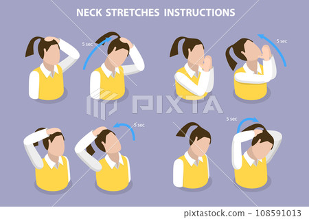 3D Isometric Flat Vector Illustration of Neck Stretches Instructions 108591013