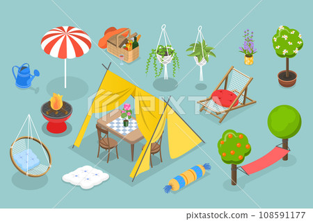 3D Isometric Flat Vector Set of Garden Furniture Items 108591177