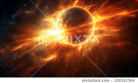 Fiery explosion in space abstract background. Supernova solar storm in universe. Generative ai Fiery explosion in space abstract background. Supernova solar storm in universe. Generative ai 108592564