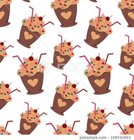 Seamless pattern of dessert in a cup with cocktail straw, decoration and cream in trendy warm shades 108592663