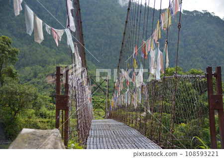 Bhutan, the land of happiness, river and suspension bridge near Punakha (Punakha River) 108593221