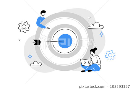 Target, goal business, professional aim doodle line people. Business target hit, goal complete concept doodle with line people. Woman work on laptop. Vector 108593337