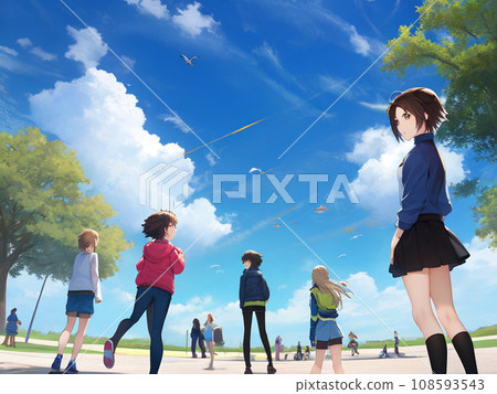 Girls and boys looking at the sky in the park 108593543