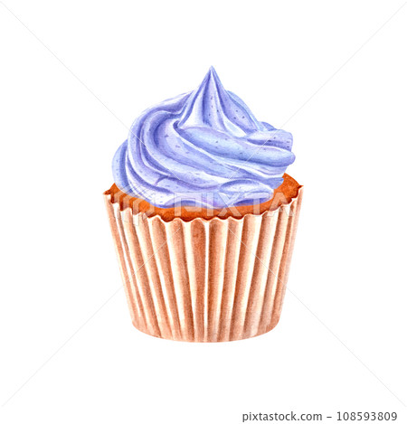 Delicious cupcake in paper wrapper decorated with blue cream. Muffin, baked cake. Cream with blue clitoria powder. Watercolor illustration. For package, menu, recipe, label 108593809