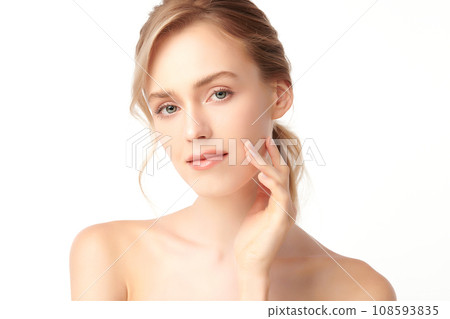 Beautiful young woman with clean fresh skin on white background, Face care, Facial treatment, Cosmetology, beauty and spa, women portrait. Beautiful young woman with clean fresh skin on white background, Face care, Facial treatment, Cosmetology, beauty and spa, women portrait. 108593835