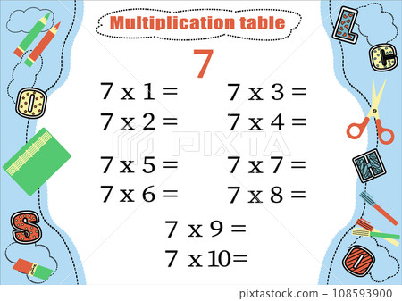 Multiplication table by 7 with a task to consolidate knowledge of multiplication. Colorful cartoon multiplication table vector for teaching math. School stationery. EPS10 Multiplication table by 7 with a task to consolidate knowledge of multiplication. Colorful cartoon multiplication table vector for teaching math. School stationery. EPS10 108593900