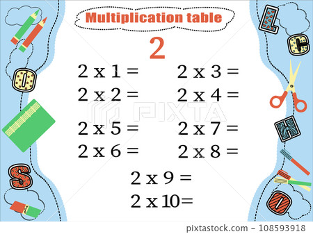 Multiplication table by 2 with a task to consolidate knowledge of multiplication. Colorful cartoon multiplication table vector for teaching math. School stationery. EPS10 Multiplication table by 2 with a task to consolidate knowledge of multiplication. Colorful cartoon multiplication table vector for teaching math. School stationery. EPS10 108593918
