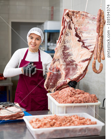 Young female butcher preparing raw veal ribs for sale Young female butcher preparing raw veal ribs for sale 108594374