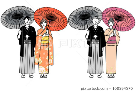 新年參拜或觀光時,穿著和服的一家人撐著日本傘 新年參拜或觀光時,穿著和服的一家人撐著日本傘 108594570