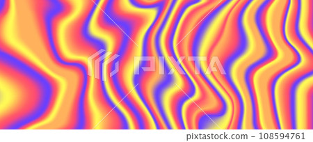 Psychedelic iridescent background. Colorful neon holographic wallpaper. Blue red orange yellow wavy fluid gradient texture. Abstract acid trippy backdrop for banner, poster, brochure, overlay. Vector Psychedelic iridescent background. Colorful neon holographic wallpaper. Blue red orange yellow wavy fluid gradient texture. Abstract acid trippy backdrop for banner, poster, brochure, overlay. Vector 108594761