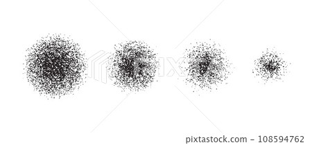 Stippled radial brush stroke set. Grain gradient collection. Grunge sprinkle spray texture. Dirty dust or sand noise round elements. Rough splashed stains spots vector pack. Splattered dots overlay Stippled radial brush stroke set. Grain gradient collection. Grunge sprinkle spray texture. Dirty dust or sand noise round elements. Rough splashed stains spots vector pack. Splattered dots overlay 108594762