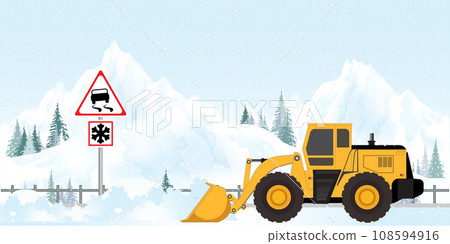 Snow plow truck cleaning highway road Snow plow truck cleaning highway road 108594916