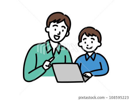 A boy using a computer and a teacher teaching 108595223