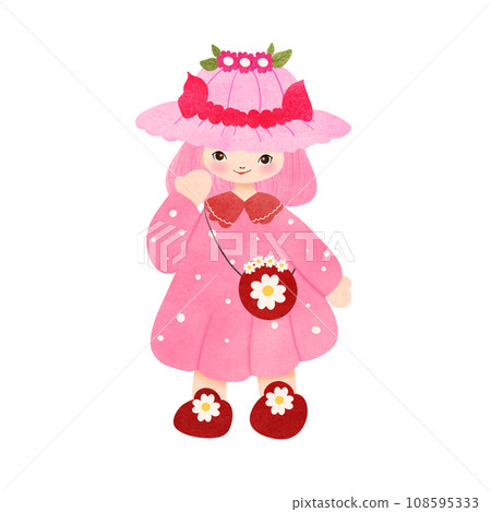 Pink short-haired girl in a pink dress wearing a pink hat Pink short-haired girl in a pink dress wearing a pink hat 108595333