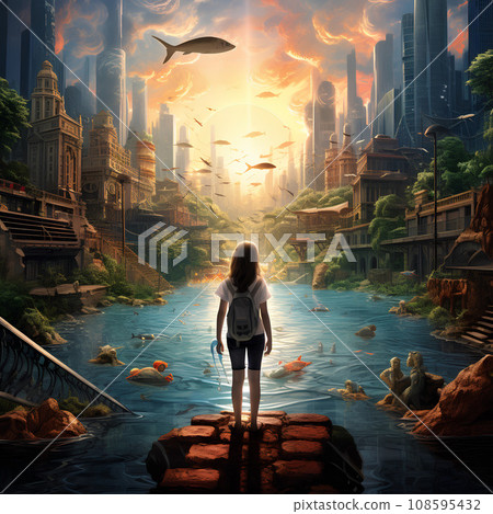 AI-generated image of a girl lost in the underground world 108595432