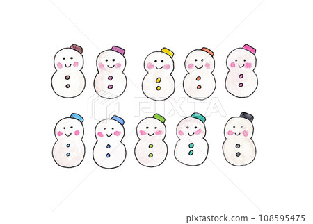 Snowman illustration set drawn with water-based pens and transparent watercolors 108595475