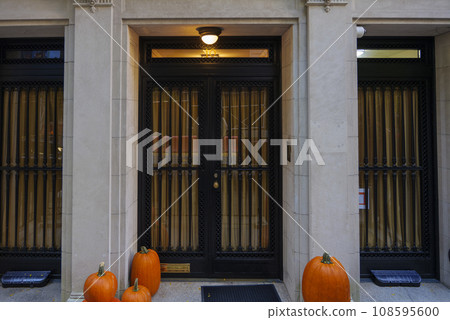 View of a Beautiful House Exterior and Front Door Seen on a Manhattan NYC View of a Beautiful House Exterior and Front Door Seen on a Manhattan NYC 108595600
