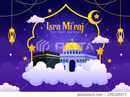 Isra Mi'raj Vector Illustration. Translation The Night Journey Prophet Muhammad. with Mosque and Lantern in Islamic Holiday Flat Cartoon Background 108595671