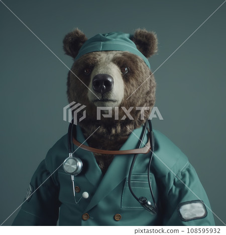 Image of brown bear dressed in doctor's uniform on a clean background. Wildlife Animals. 108595932