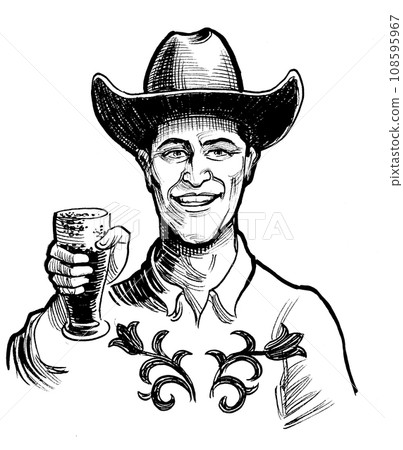 Cowboy drinking a glass of beer. Hand-drawn retro styled ink black and white illustration Cowboy drinking a glass of beer. Hand-drawn retro styled ink black and white illustration 108595967