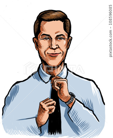 Businessman tying tie. Hand-drawn ink on paper and hand colored on tablet	 108596085