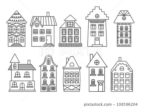 Cute scandinavian doodle houses set. Dutch canal linear houses. Traditional architecture of Netherlands, Belgium and Amsterdam. 108596204