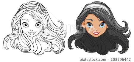 Beautiful Woman with Long Hair: Vector Cartoon Illustration 108596442