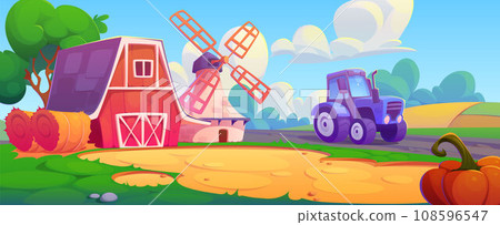 Cartoon farm landscape with red wooden barn Cartoon farm landscape with red wooden barn 108596547