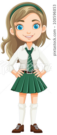 Smiling Cartoon Character: Beautiful Girl Student in School Uniform Smiling Cartoon Character: Beautiful Girl Student in School Uniform 108596853
