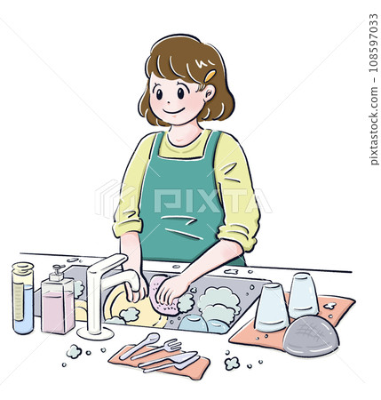 A woman washing dishes and cleaning up afterwards 108597033
