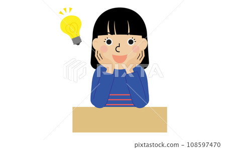 一位穿著長袖衣服的黑髮日本女性的正面肖像,她在辦公桌前思考並提出了一個想法。 一位穿著長袖衣服的黑髮日本女性的正面肖像,她在辦公桌前思考並提出了一個想法。 108597470