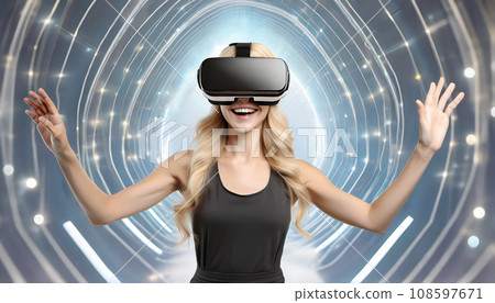 A woman wearing a head-mounted display 108597671