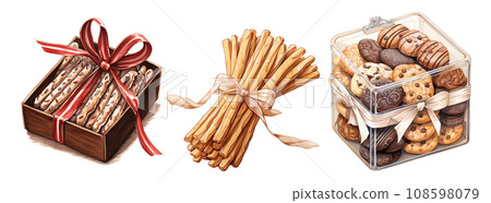 Dessert gift box in watercolor illustrations. Generative a Dessert gift box in watercolor illustrations. Generative a 108598079