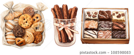 Dessert gift box in watercolor illustrations. Generative a Dessert gift box in watercolor illustrations. Generative a 108598083