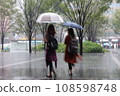 Rear view of a woman walking with an umbrella in the heavy rain 108598748