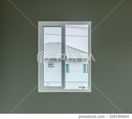 Glass window frame house interior on white wall 108599084